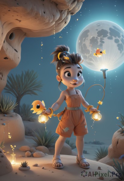 1girl,solo,smile,short hair,open mouth,brown hair,black hair,hair ornament,holding,jewelry,standing,full body,ponytail,earrings,outdoors,sky,artist name,black eyes,bracelet,tree,night,glowing,moon,sandals,child,star (sky),night sky,full moon,starry sky,lantern,rock,sand,female child,bangle,overalls,topknot,flip-flops,overall shorts,shirt,bare shoulders,brown eyes,shorts,teeth,sleeveless,belt,signature,lips,watermark,thick eyebrows,grass,aged down,high ponytail,plant,freckles,fish,nose,stud earrings,dirty,goldfish,orange shorts