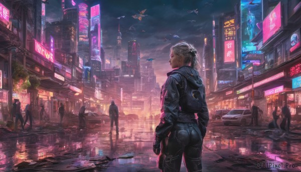 1girl, gloves, standing, jacket, ponytail, weapon, ass, outdoors, multiple boys, sky, solo focus, pants, gun, dutch angle, night, backpack, ground vehicle, building, scenery, motor vehicle, science fiction, 6+boys, city, sign, realistic, aircraft, car, road, police, street, cyberpunk, neon lights