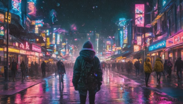 multiple girls, standing, outdoors, sky, hood, bag, from behind, dutch angle, night, moon, building, star (sky), night sky, scenery, starry sky, reflection, walking, science fiction, city, sign, road, cityscape, street, city lights, neon lights, crosswalk