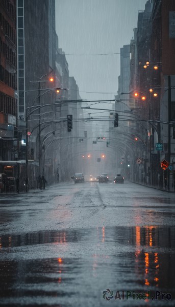 outdoors,sky,cloud,water,no humans,cloudy sky,ground vehicle,building,scenery,motor vehicle,reflection,rain,city,sign,car,road,cityscape,power lines,lamppost,street,skyscraper,utility pole,road sign,puddle,fog,grey sky,traffic light,neon lights,crosswalk,window,bridge