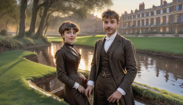 1girl,looking at viewer,smile,short hair,brown hair,shirt,black hair,long sleeves,1boy,bow,brown eyes,jewelry,standing,jacket,white shirt,outdoors,necktie,day,collared shirt,pants,bowtie,water,vest,tree,lips,black jacket,holding hands,facial hair,black pants,formal,suit,grass,building,scenery,reflection,realistic,mustache,bridge,river,lake,bangs,holding,braid,hetero,parted lips,black vest,city,red lips,brown vest