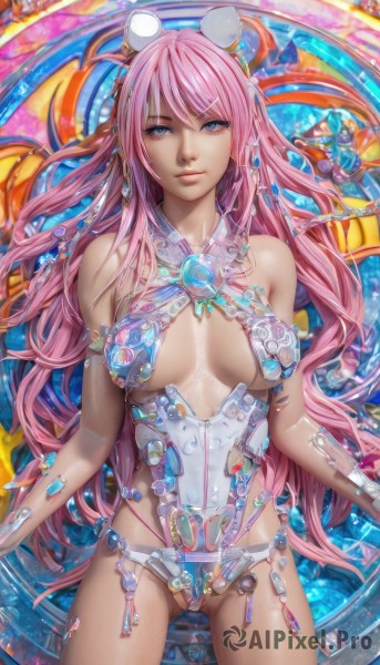 1girl,solo,long hair,breasts,looking at viewer,blue eyes,large breasts,hair ornament,bare shoulders,medium breasts,very long hair,pink hair,hairclip,lips,revealing clothes,breasts apart,science fiction,realistic,ass visible through thighs,partially visible vulva