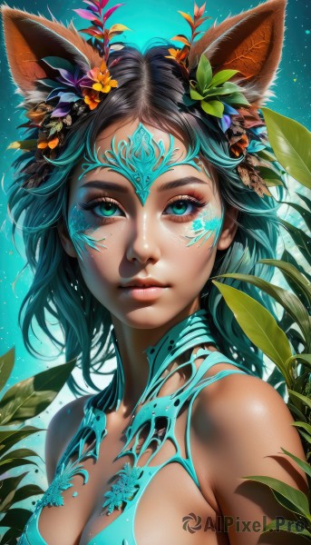 1girl,solo,long hair,breasts,looking at viewer,blue eyes,black hair,hair ornament,animal ears,cleavage,bare shoulders,medium breasts,closed mouth,green eyes,upper body,flower,multicolored hair,artist name,signature,hair flower,aqua eyes,lips,fox ears,eyelashes,aqua hair,makeup,glowing,leaf,watermark,facial mark,plant,web address,light particles,eyeshadow,nose,eyeliner,mascara,large breasts,sideboob,freckles,facepaint