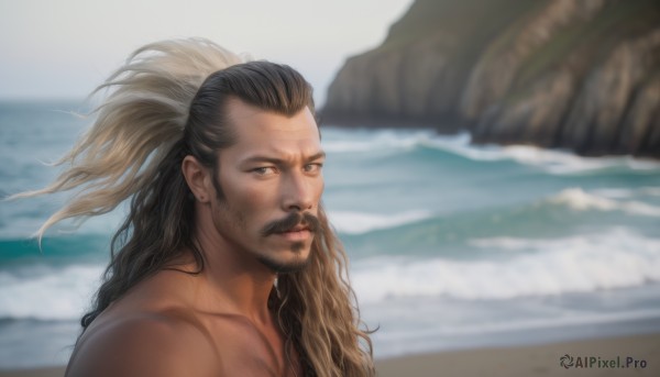 solo,long hair,looking at viewer,brown hair,black hair,1boy,brown eyes,jewelry,closed mouth,upper body,ponytail,male focus,multicolored hair,earrings,outdoors,day,water,blurry,two-tone hair,blurry background,facial hair,ocean,beach,portrait,beard,topless male,realistic,mustache,sand,white hair,tattoo,manly