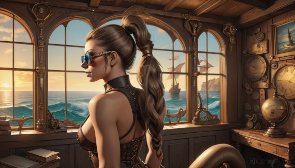 1girl,solo,long hair,breasts,brown hair,bare shoulders,medium breasts,upper body,ponytail,braid,sky,glasses,cloud,indoors,water,from behind,lips,book,window,single braid,sideboob,profile,ocean,sunglasses,goggles,scenery,corset,desk,sunset,braided ponytail,hair tie,round eyewear,clock,watercraft,tinted eyewear,ship,boat,steampunk,parted lips,day,artist name,blue sky,bird,looking away,phone,sunlight,mountain,sun,bustier,multi-tied hair,island,looking outside