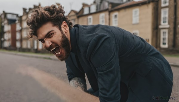 solo,short hair,open mouth,brown hair,shirt,long sleeves,1boy,jacket,closed eyes,male focus,outdoors,necktie,teeth,day,pants,blurry,from side,black jacket,leaning forward,blurry background,facial hair,formal,suit,building,beard,realistic,mustache,photo background,smile,black shirt,tattoo,parody,black pants,blue shirt,blue jacket,meme,curly hair,laughing,denim jacket