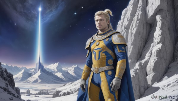 1girl,solo,short hair,blonde hair,gloves,brown eyes,standing,ponytail,earrings,outdoors,sky,belt,cape,armor,lips,night,shoulder armor,gauntlets,star (sky),night sky,snow,clenched hands,starry sky,short ponytail,pauldrons,mountain,realistic,shooting star,1boy,male focus,space,gold armor