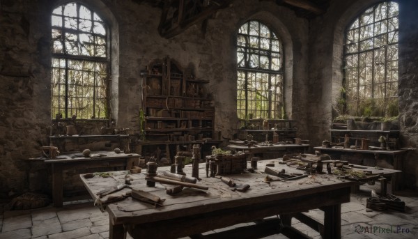 sky,day,indoors,tree,book,no humans,window,chair,table,sunlight,plant,scenery,desk,stairs,bookshelf,ruins,broken,shelf,book stack,overgrown,broken window,weapon,sword,gun,wooden floor,potted plant,candle,wall,candlestand