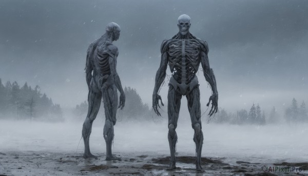 1boy,standing,monochrome,full body,greyscale,male focus,outdoors,tree,no humans,multiple views,nature,claws,snow,forest,science fiction,monster,snowing,ribs,skeleton,bare tree,alien,horror (theme),fog,spine,sky,night,scenery,1other,giant,grey theme