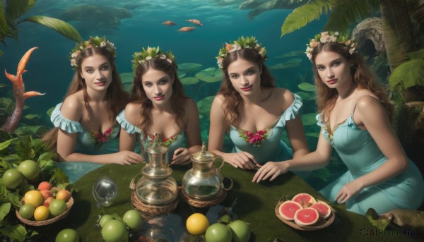 long hair,breasts,looking at viewer,smile,multiple girls,brown hair,hair ornament,dress,cleavage,bare shoulders,brown eyes,jewelry,medium breasts,sitting,collarbone,flower,food,sleeveless,hair flower,3girls,water,off shoulder,tree,cup,lips,4girls,makeup,fruit,sleeveless dress,blue dress,leaf,wavy hair,chair,table,plant,monster girl,plate,fish,apple,basket,red lips,head wreath,mermaid,jar,lily pad,tablecloth,closed mouth,outdoors,animal,crown,nature,pink flower,green dress,realistic,fantasy,teapot,lemon,aqua dress,seaweed,pineapple