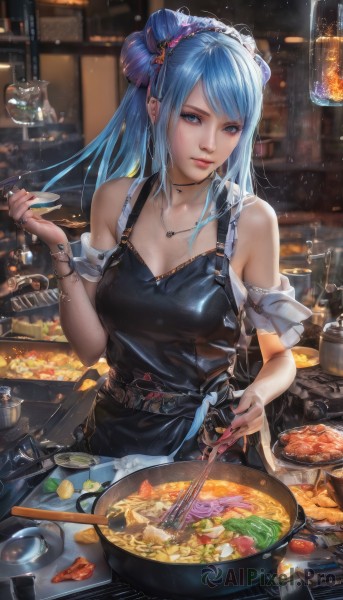 1girl,solo,long hair,breasts,looking at viewer,smile,bangs,blue eyes,large breasts,hair ornament,holding,cleavage,bare shoulders,jewelry,medium breasts,closed mouth,blue hair,collarbone,upper body,sidelocks,hairband,frills,detached sleeves,food,choker,belt,indoors,signature,necklace,hair bun,nail polish,blurry,apron,bracelet,cup,lips,fingernails,eyelashes,double bun,fruit,depth of field,blurry background,swept bangs,piercing,ring,bottle,knife,red nails,light particles,pendant,plate,alcohol,drinking glass,fish,bowl,chopsticks,pink lips,realistic,spoon,naked apron,egg,cooking,holding chopsticks,meat,kitchen,frying pan,black apron,shrimp,kitchen knife,cutting board,earrings,artist name,watermark,ear piercing,web address,glass,ladle,lemon,spatula,onion,salad