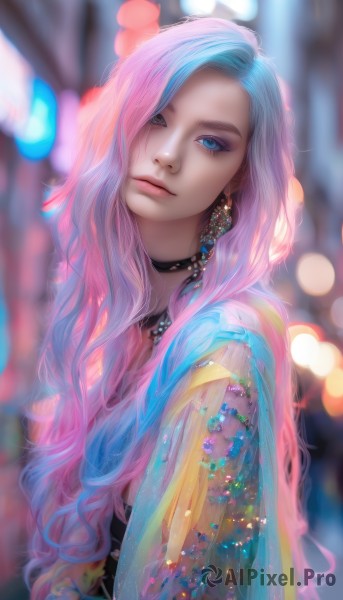 1girl,solo,long hair,looking at viewer,blue eyes,jewelry,closed mouth,blue hair,upper body,pink hair,multicolored hair,earrings,choker,artist name,necklace,hair over one eye,blurry,from side,two-tone hair,lips,head tilt,see-through,eyelashes,makeup,depth of field,blurry background,wavy hair,black choker,gem,multicolored clothes,eyeshadow,realistic,nose,bokeh,mascara,multicolored shirt,white hair,nail polish,heterochromia,watermark,web address,pearl (gemstone)