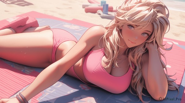 1girl,solo,long hair,breasts,looking at viewer,blush,smile,bangs,blue eyes,blonde hair,large breasts,cleavage,bare shoulders,jewelry,closed mouth,collarbone,ponytail,ass,thighs,sweat,outdoors,lying,shorts,barefoot,day,socks,midriff,dark skin,necklace,bracelet,dark-skinned female,lips,grey eyes,bare arms,bare legs,swept bangs,arm support,on side,beach,on stomach,towel,sports bra,sand,beach towel,pink socks,mat,underwear,bra,pink bra