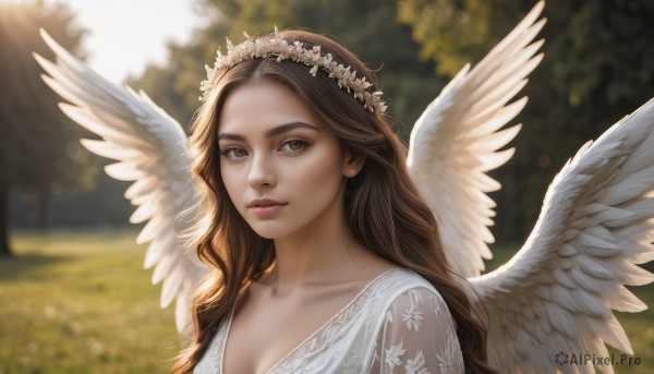 1girl,solo,long hair,breasts,looking at viewer,brown hair,hair ornament,dress,cleavage,brown eyes,jewelry,closed mouth,collarbone,upper body,flower,earrings,outdoors,wings,day,hair flower,white dress,mole,blurry,tree,lips,depth of field,blurry background,wavy hair,sunlight,feathered wings,forehead,mole on breast,angel wings,realistic,white wings,angel,head wreath,flower wreath,medium breasts,portrait,nose,bokeh