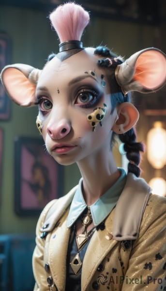 1girl,solo,looking at viewer,blue eyes,shirt,black hair,animal ears,jewelry,closed mouth,jacket,upper body,braid,multicolored hair,earrings,collared shirt,indoors,blurry,black eyes,two-tone hair,lips,single braid,makeup,buttons,blurry background,fake animal ears,wing collar,brooch,braided ponytail,realistic,mouse ears,nose,chinese zodiac,whiskers,long hair,artist name,necklace,eyelashes,depth of field,facial mark,furry,eyeshadow,mini hat,furry female,facepaint,mascara