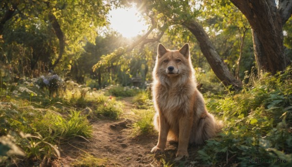 outdoors, day, tree, no humans, animal, sunlight, grass, plant, nature, scenery, forest, dog, realistic, animal focus