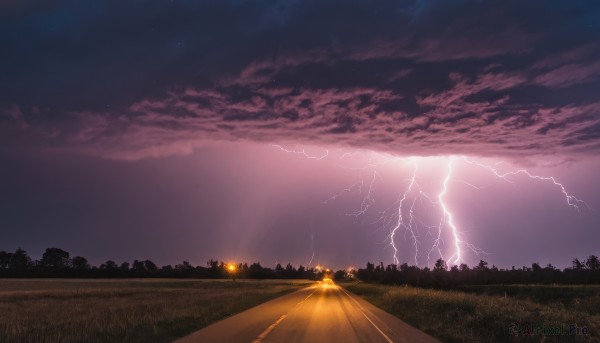 outdoors,sky,cloud,tree,no humans,night,cloudy sky,grass,star (sky),nature,night sky,scenery,sunset,electricity,road,lightning,purple sky,fire,ground vehicle,motor vehicle,forest,starry sky,field,landscape