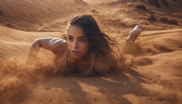 1girl,solo,long hair,breasts,brown hair,black hair,cleavage,brown eyes,collarbone,outdoors,lying,parted lips,barefoot,lips,beach,on stomach,realistic,sand,dirty,feet up,desert,dust,dirty feet,looking at viewer,teeth,dark skin,dark-skinned female,tank top,running,dust cloud