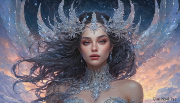 1girl,solo,long hair,breasts,looking at viewer,blue eyes,black hair,hair ornament,cleavage,bare shoulders,jewelry,upper body,earrings,outdoors,parted lips,wings,sky,artist name,cloud,lips,detached collar,floating hair,watermark,cloudy sky,tiara,wind,portrait,star (sky),feathered wings,starry sky,realistic,medium breasts,makeup,feathers,freckles,nose