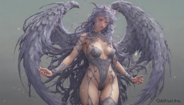 1girl,solo,long hair,breasts,large breasts,simple background,thighhighs,cleavage,medium breasts,very long hair,closed mouth,closed eyes,grey hair,cowboy shot,wings,horns,grey background,leotard,lips,groin,highleg,garter straps,thigh gap,feathers,breasts apart,feathered wings,highleg leotard,angel wings,realistic,red lips,grey thighhighs,grey leotard,bare shoulders,standing,parted lips,fingernails,gradient,gradient background,revealing clothes,facing viewer,angel