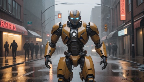 blue eyes,standing,outdoors,multiple boys,solo focus,no humans,glowing,formal,suit,robot,ground vehicle,building,mecha,glowing eyes,motor vehicle,reflection,walking,science fiction,rain,6+boys,city,sign,realistic,car,road,police,lamppost,street,open hands,humanoid robot,traffic light,people,looking at viewer,sky,umbrella,scenery,multiple others,grey sky