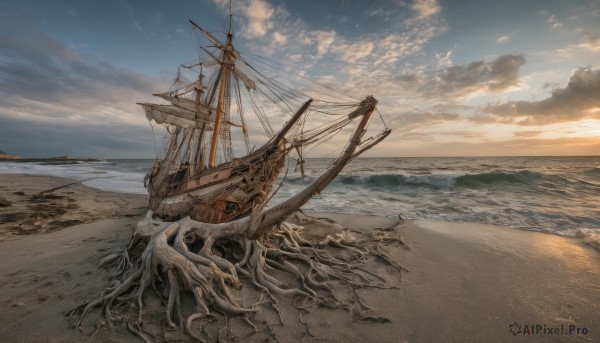 outdoors,sky,day,cloud,water,no humans,ocean,beach,cloudy sky,scenery,tentacles,sunset,sand,horizon,watercraft,ship,waves,shore,blue sky,smokestack,desert