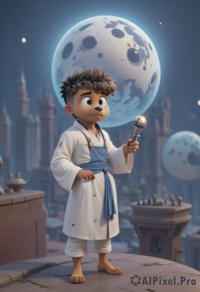 solo,smile,short hair,brown hair,black hair,1boy,holding,brown eyes,jewelry,closed mouth,standing,full body,male focus,outdoors,sky,barefoot,blurry,black eyes,night,blurry background,headband,moon,thick eyebrows,child,night sky,furry,full moon,robe,fantasy,male child,dark skin,dark-skinned male,spiked hair,dougi,brown fur,white robe