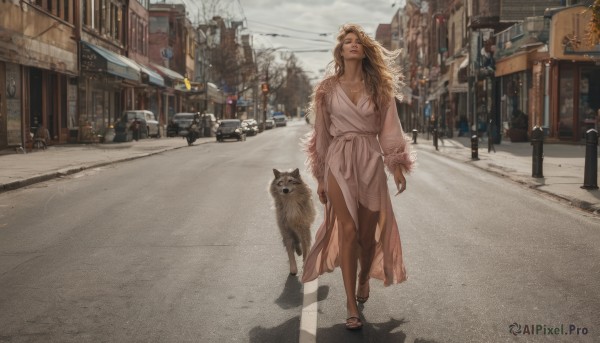 1girl, long hair, breasts, blonde hair, dress, outdoors, sky, solo focus, white dress, animal, sandals, cat, ground vehicle, building, scenery, motor vehicle, walking, city, sign, realistic, car, road, street, crosswalk, vanishing point