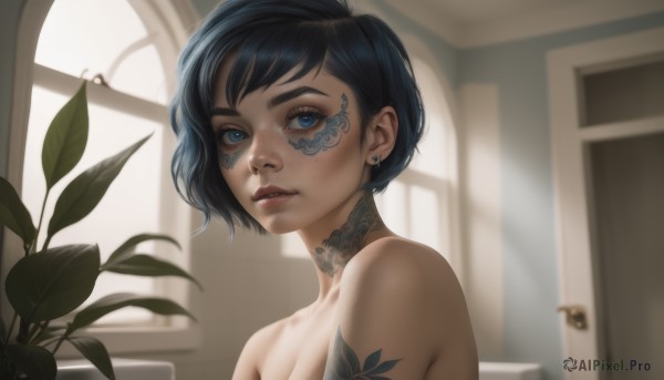 1girl,solo,looking at viewer,short hair,bangs,blue eyes,black hair,bare shoulders,jewelry,blue hair,upper body,nude,earrings,parted lips,teeth,choker,indoors,blurry,lips,eyelashes,window,tattoo,makeup,blurry background,facial mark,piercing,plant,portrait,freckles,nose,stud earrings,arm tattoo,facial tattoo,mascara,neck tattoo,nose piercing,breasts,ear piercing