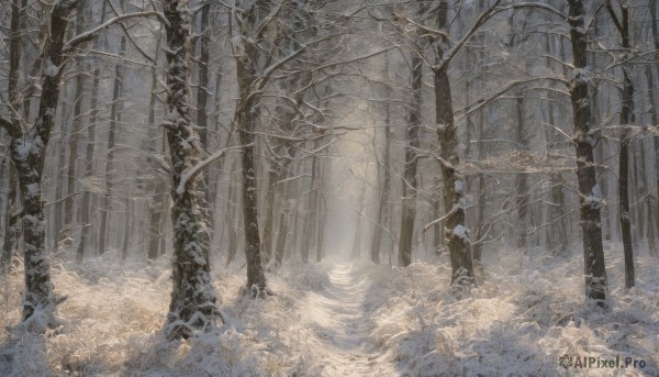 1girl,solo,1boy,standing,monochrome,weapon,outdoors,tree,nature,scenery,snow,forest,snowing,winter,bare tree,male focus,water