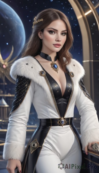 1girl,solo,long hair,breasts,looking at viewer,large breasts,brown hair,hair ornament,long sleeves,cleavage,brown eyes,jewelry,medium breasts,standing,collarbone,jacket,cowboy shot,earrings,open clothes,choker,belt,pants,necklace,nail polish,lips,coat,fur trim,makeup,gem,star (sky),realistic,white pants,nose,white coat,red lips,space,planet,earth (planet),artist name,blurry,blurry background,black choker