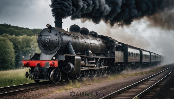 weapon,outdoors,multiple boys,sky,day,cloud,tree,military,no humans,grass,ground vehicle,nature,motor vehicle,forest,smoke,cannon,military vehicle,tank,vehicle focus,machine gun,caterpillar tracks,world war ii,railroad tracks,gun,train