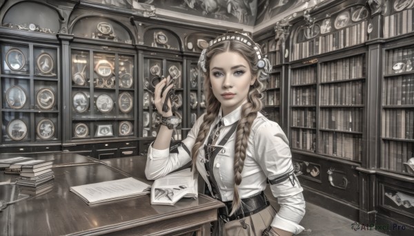 1girl,solo,long hair,looking at viewer,smile,blue eyes,brown hair,shirt,long sleeves,jewelry,white shirt,upper body,braid,necktie,collared shirt,indoors,hand up,necklace,twin braids,lips,grey eyes,book,maid headdress,table,cross,hair over shoulder,corset,watch,paper,clock,bookshelf,wristwatch,shelf,book stack,pocket watch,library,steampunk,breasts,hair ornament,holding,multicolored hair,parted lips,belt,mole,vest,bracelet,two-tone hair,makeup,hand in pocket,pink lips,realistic,red lips,multiple braids