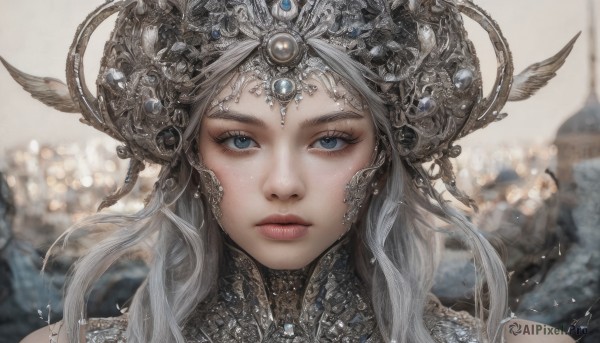 1girl,solo,long hair,looking at viewer,blue eyes,hair ornament,jewelry,closed mouth,white hair,grey hair,horns,artist name,blurry,lips,grey eyes,eyelashes,depth of field,blurry background,watermark,expressionless,feathers,gem,portrait,realistic,headpiece,fantasy,signature,armor,halo,helmet,close-up,nose,headdress,straight-on