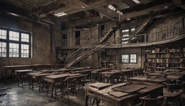 day,indoors,tree,book,no humans,window,chair,table,sunlight,scenery,desk,bookshelf,classroom,lamp,shelf,ceiling,ceiling light,wooden floor,ruins,ladder