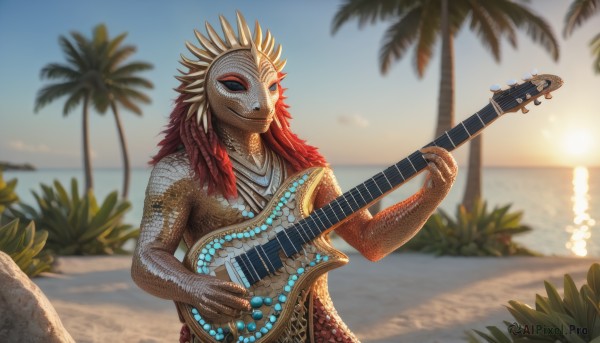 solo,smile,1boy,holding,jewelry,upper body,male focus,outdoors,sky,day,necklace,blurry,tree,no humans,blurry background,ocean,beach,plant,instrument,1other,sunset,sand,palm tree,music,sun,guitar,scales,playing instrument,holding instrument,long hair,looking at viewer,blue eyes,red hair,water,colored skin,fangs,tusks