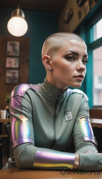 1girl,solo,looking at viewer,short hair,blonde hair,gloves,jewelry,closed mouth,jacket,upper body,earrings,indoors,blurry,lips,grey eyes,bodysuit,makeup,blurry background,zipper,realistic,nose,bald,very short hair,latex,buzz cut,dark skin,uniform,science fiction,jumpsuit,mohawk