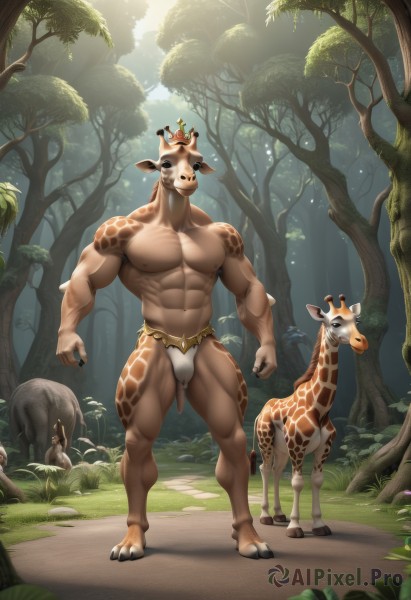 solo,looking at viewer,short hair,1boy,navel,animal ears,underwear,nipples,standing,full body,male focus,thighs,outdoors,day,stomach,tree,muscular,animal,thick thighs,abs,sunlight,underwear only,grass,pectorals,muscular male,nature,bara,furry,forest,large pectorals,walking,bulge,topless male,light rays,mature male,antlers,furry male,male underwear,biceps,navel hair,brown fur,deer ears,thick arms,deer,tattoo,crown,plant,mushroom