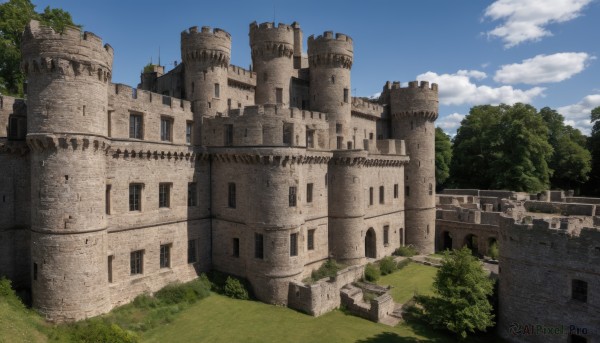 outdoors,sky,day,cloud,tree,blue sky,no humans,window,grass,building,nature,scenery,ruins,cloudy sky,castle