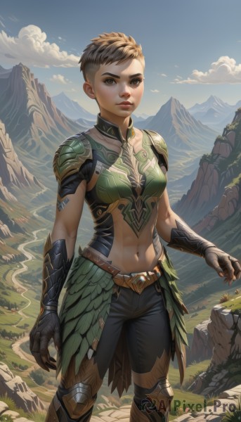 1girl,solo,breasts,looking at viewer,short hair,brown hair,gloves,navel,brown eyes,medium breasts,standing,outdoors,sky,day,midriff,belt,pants,cloud,armor,blue sky,lips,abs,grass,shoulder armor,gauntlets,toned,pauldrons,rock,mountain,nose,very short hair,small breasts,tattoo,bird,scar,cloudy sky,tomboy