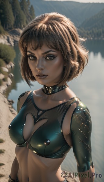 1girl,solo,breasts,looking at viewer,smile,short hair,bangs,brown hair,navel,cleavage,brown eyes,jewelry,medium breasts,upper body,outdoors,parted lips,choker,midriff,artist name,blurry,bracelet,lips,crop top,clothing cutout,makeup,blurry background,cleavage cutout,realistic,collarbone,sky,day,stomach,collar,covered nipples,eyelashes,tattoo,lipstick,spikes,arms at sides,spiked collar,heart cutout,studded collar