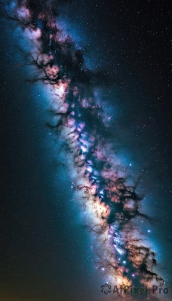 outdoors,sky,tree,no humans,night,cherry blossoms,star (sky),night sky,scenery,starry sky,branch,galaxy,milky way,plant,space