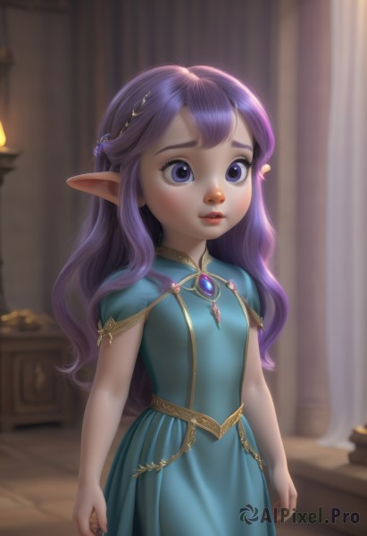 1girl,solo,long hair,blue eyes,hair ornament,dress,jewelry,standing,purple eyes,purple hair,short sleeves,parted lips,pointy ears,indoors,blurry,flat chest,lips,blurry background,blue dress,curtains,brooch,gem,child,arms at sides,female child,aqua dress,breasts,looking at viewer,blush,bangs,capelet,elf,green dress