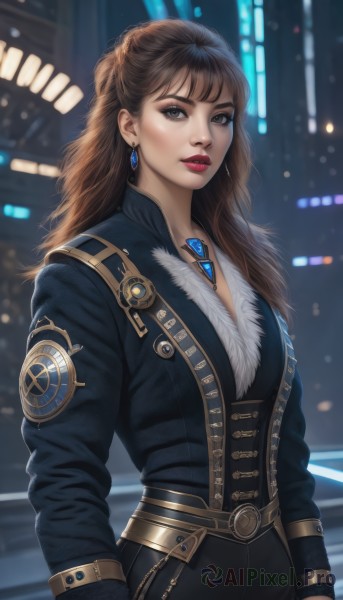 1girl,solo,long hair,breasts,looking at viewer,bangs,brown hair,long sleeves,brown eyes,jewelry,jacket,earrings,parted lips,belt,pants,necklace,blurry,lips,fur trim,makeup,blurry background,lipstick,gem,realistic,nose,red lips,standing,upper body,bodysuit,night,backlighting,science fiction,emblem,city lights,neon lights