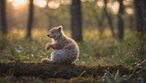 outdoors, signature, blurry, tree, no humans, depth of field, blurry background, animal, plant, nature, realistic, animal focus, tiger