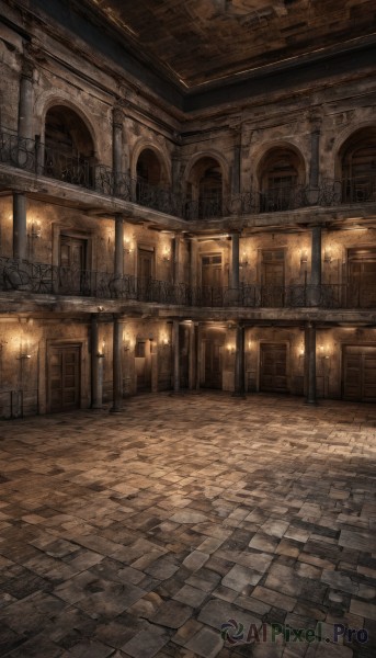 outdoors,indoors,dutch angle,no humans,window,building,scenery,stairs,door,light,road,candle,architecture,pillar,arch,chandelier,column,pavement,stone floor,brick floor,lamppost,hallway,vanishing point