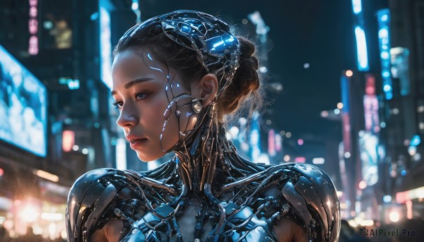 1girl, solo, blue eyes, black hair, upper body, earrings, dark skin, blurry, lips, blurry background, looking away, science fiction, realistic, nose, android, cyborg, cyberpunk, hologram