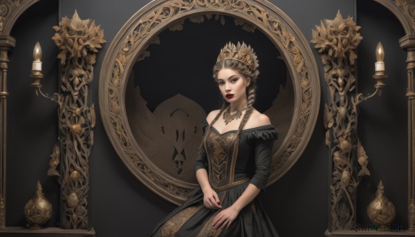 1girl,solo,long hair,breasts,looking at viewer,brown hair,hair ornament,long sleeves,dress,bare shoulders,brown eyes,jewelry,braid,parted lips,indoors,necklace,off shoulder,black dress,twin braids,lips,makeup,ring,tiara,crown,lipstick,hair over shoulder,gold trim,mirror,off-shoulder dress,red lips,candle,candlestand,candlelight,nail polish,fingernails,own hands together,red nails