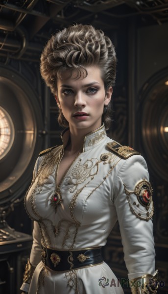 1girl,solo,breasts,looking at viewer,short hair,blue eyes,blonde hair,brown hair,long sleeves,dress,cleavage,jewelry,medium breasts,standing,upper body,parted lips,belt,indoors,signature,white dress,uniform,lips,grey eyes,military,eyelashes,military uniform,makeup,lipstick,brooch,gem,eyeshadow,curly hair,gold trim,realistic,nose,red lips,eyeliner,medal,steampunk,earrings,mole