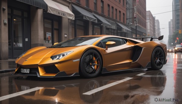 A motor vehicle amidst a vivid rainy outdoors